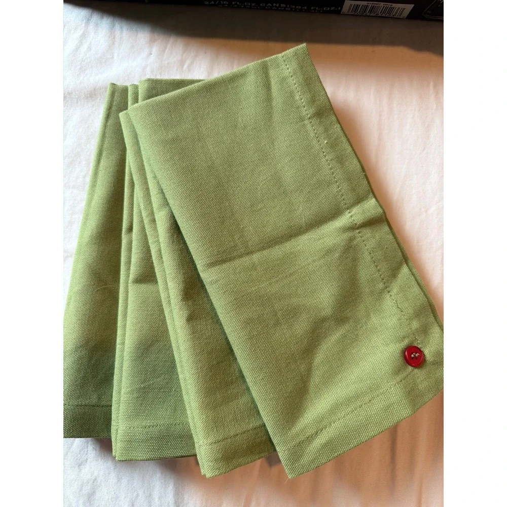 World Market Green Cotton Cloth Napkins Set of 4 Red Button Accent 19x19 Square